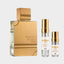 DECANT AL HARAMAIN AMBER OUD GOLD EDITION — fotografía real, perfume 10 ml 3 ml, composición centrada Nicchia, 2048 x 2048, fondo #EDEDED