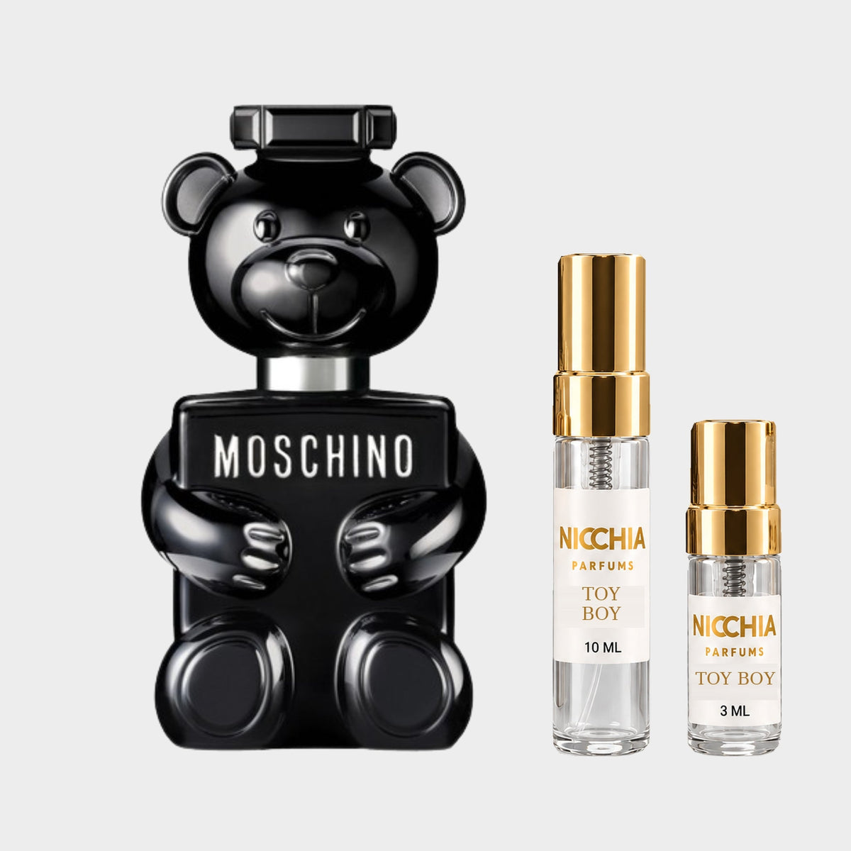 DECANT MOSCHINO TOY BOY — fotografía real, perfume 10 ml 3 ml, composición centrada Nicchia, 2048 x 2048, fondo #EDEDED