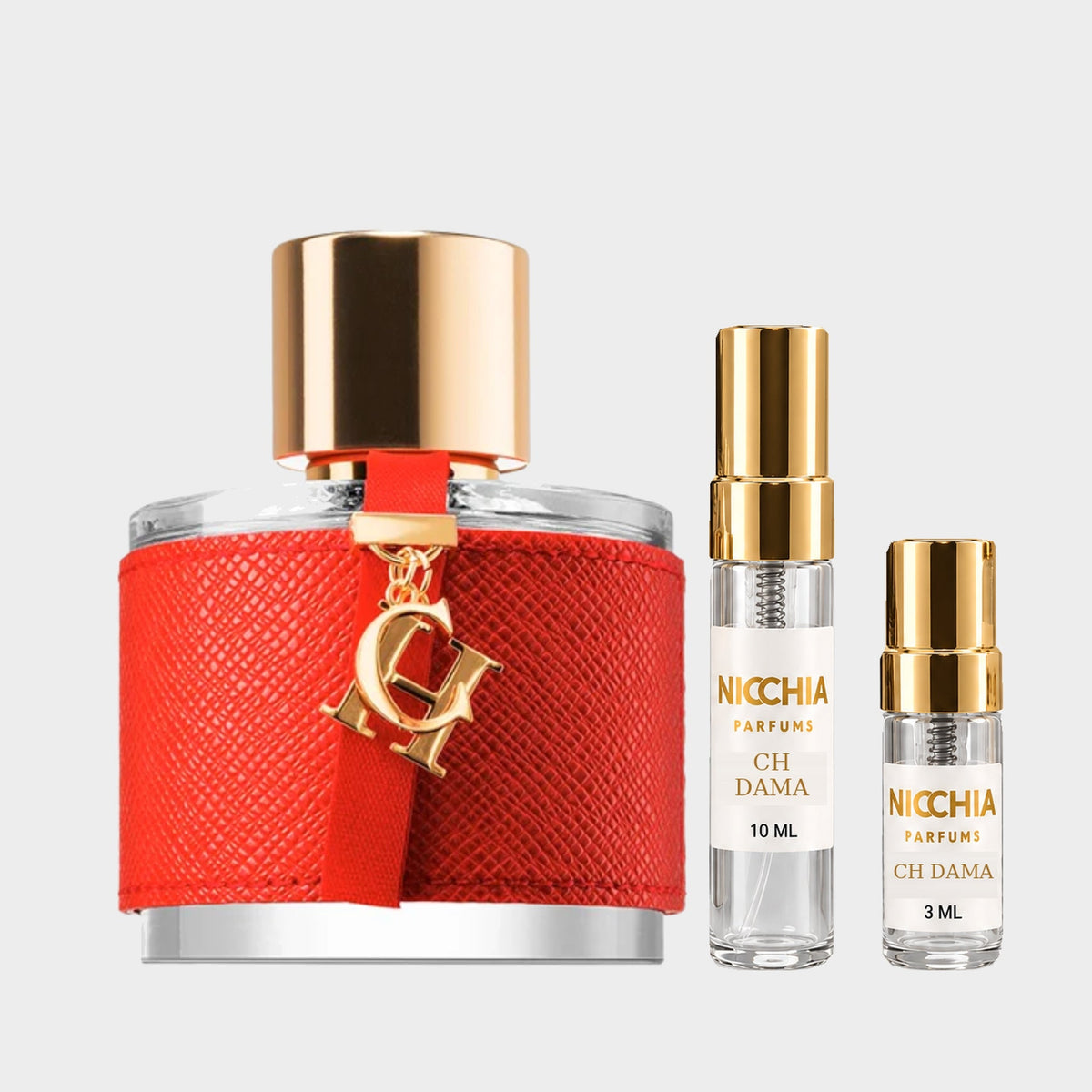 DECANT CAROLINA HERRERA CH DAMA — fotografía real, perfume 10 ml 3 ml, composición centrada Nicchia, 2048 x 2048, fondo #EDEDED