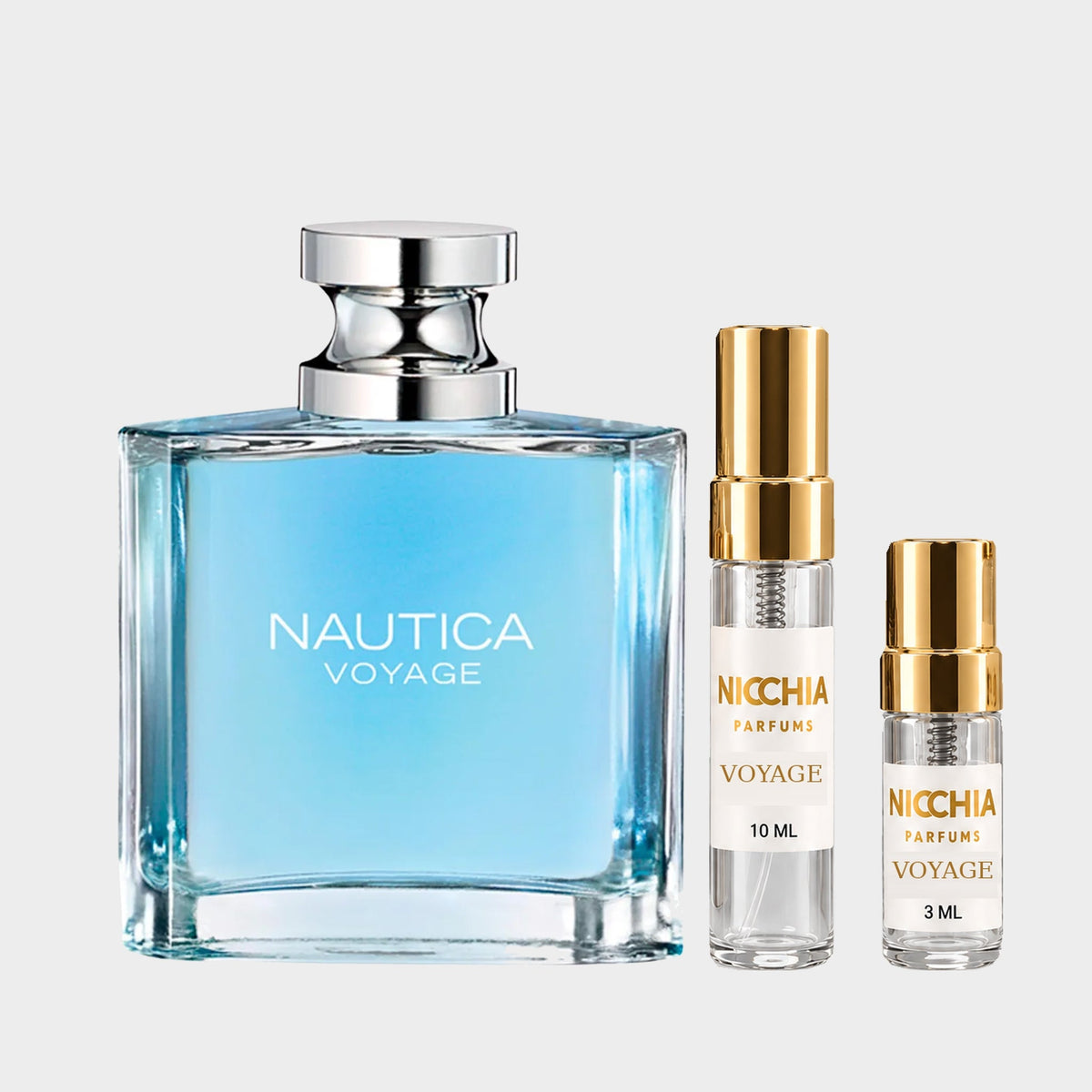 DECANT NAUTICA VOYAGE — fotografía real, perfume 10 ml 3 ml, composición centrada Nicchia, 2048 x 2048, fondo #EDEDED Imagen principal del producto