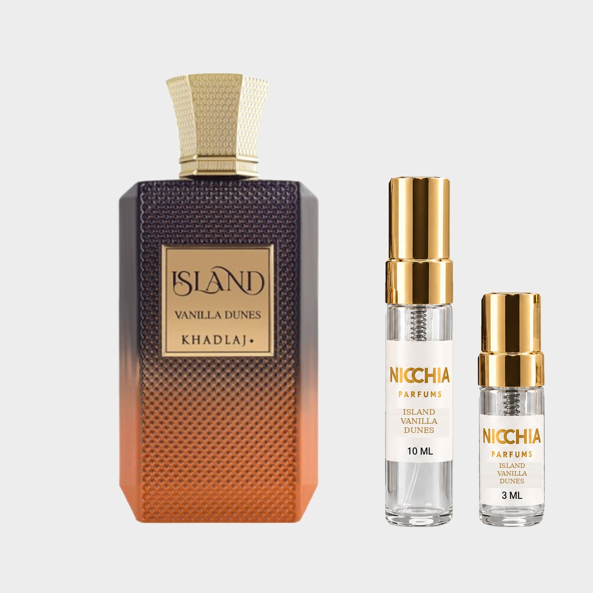 DECANT KHADLAJ ISLAND VANILLA DUNES — fotografía real, perfume 10 ml 3 ml, composición centrada Nicchia, 2048 x 2048, fondo #EDEDED Imagen principal del producto
