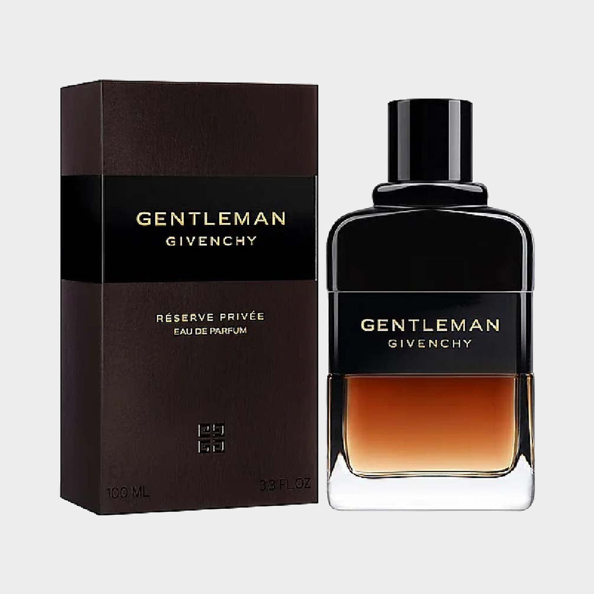 GIVENCHY GENTLEMAN RESERVE PRIVEE — botella con caja, fotografía real, 2048 x 2048, fondo #EDEDED