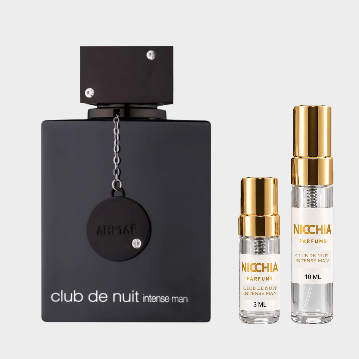 DECANT ARMAF CLUB DE NUIT INTENSE MAN con atomizadores Nicchia de 3 ml y 10 ml, diseño actualizado
