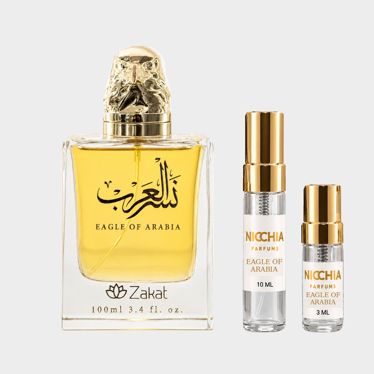 DECANT ZAKAT EAGLE OF ARABIA — perfume 10 ml 3 ml, etiquetas Nicchia, fotografía real, 2048 x 2048, fondo #EDEDED